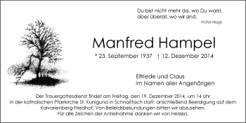 Traueranzeige von Manfred Hampel von Pegnitz-Zeitung